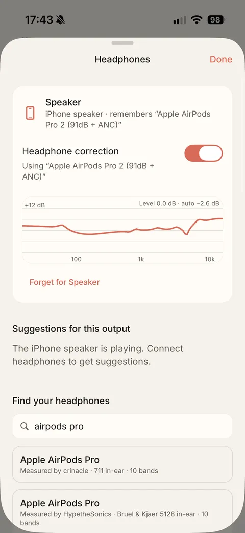Detail of the Headphones screen: the headphone correction switch and the correction curve.