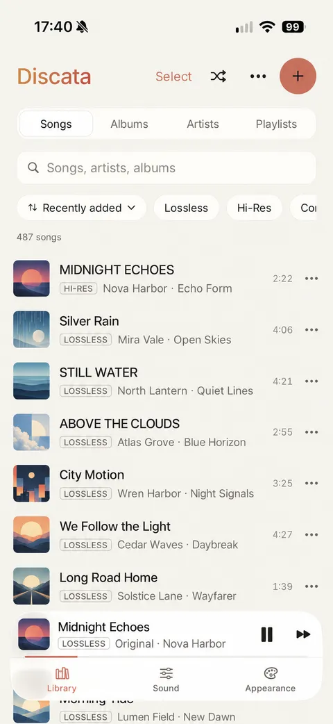 The Discata library: a song list with artwork and quality badges, a search field, and a player bar above the Library, Sound and Appearance tabs.
