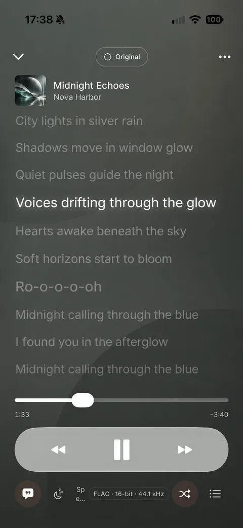 Now Playing showing synced lyrics with the current line highlighted, and the Original switch at the top.