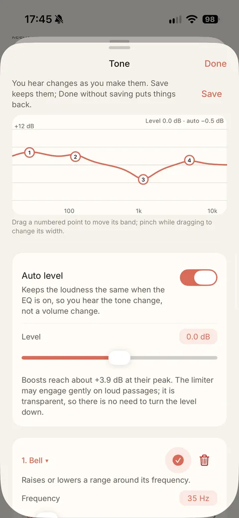 Detail of the Tone editor: numbered points on a response curve.